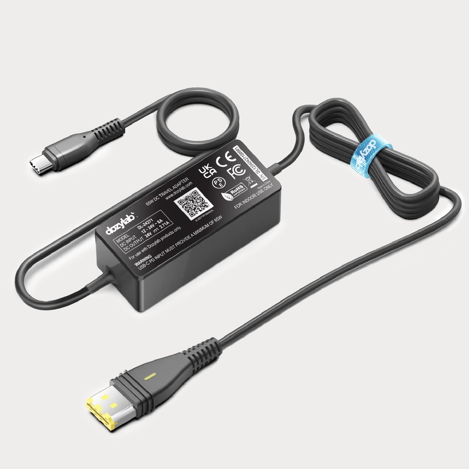Dozylab USB-C CPAP travel cable box showing FCC, CE, UKCA, PSE and RoHS certification marks