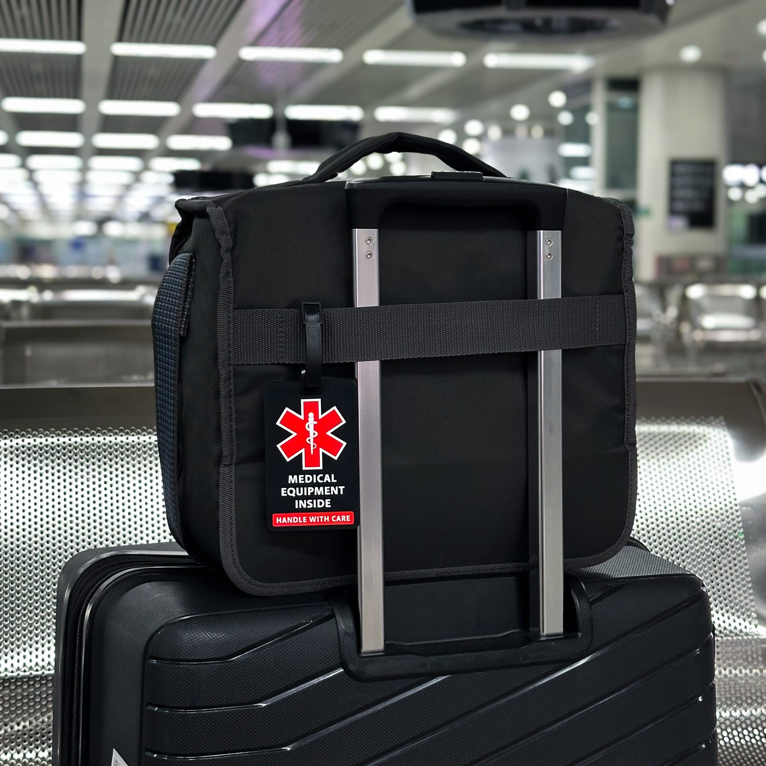 Medical equipment luggage tag on a travel bag at the airport