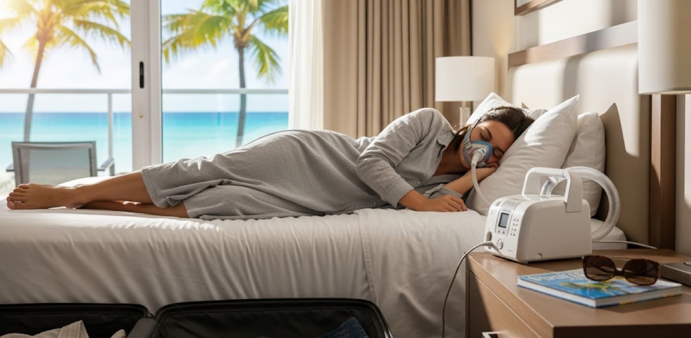 Person sleeping in a hotel room with CPAP